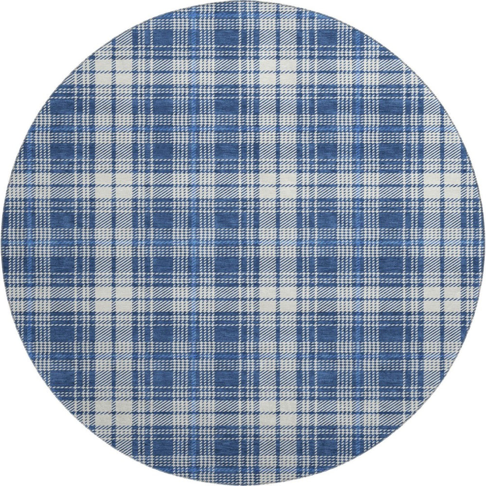 HomeRoots 8' Navy Blue & Ivory Plaid Washable Round Rug with UV Protection for Easy Care & Style Boost 678248