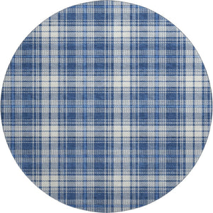 HomeRoots 8' Navy Blue & Ivory Plaid Washable Round Rug with UV Protection for Easy Care & Style Boost 678248