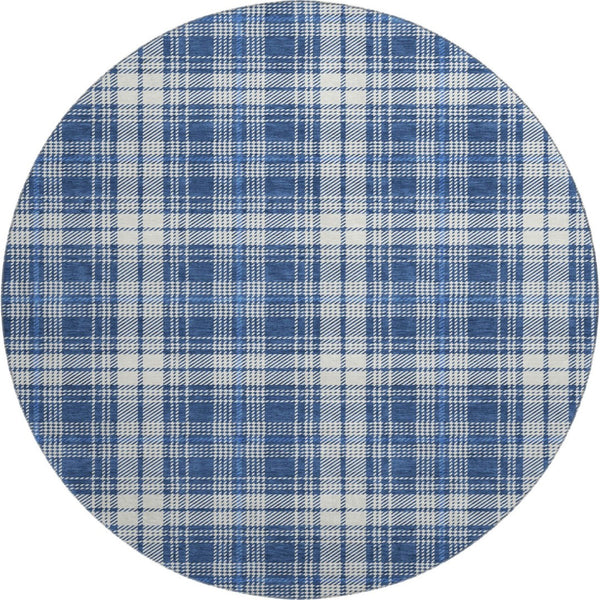 HomeRoots 8' Navy Blue & Ivory Plaid Washable Round Rug with UV Protection for Easy Care & Style Boost 678248