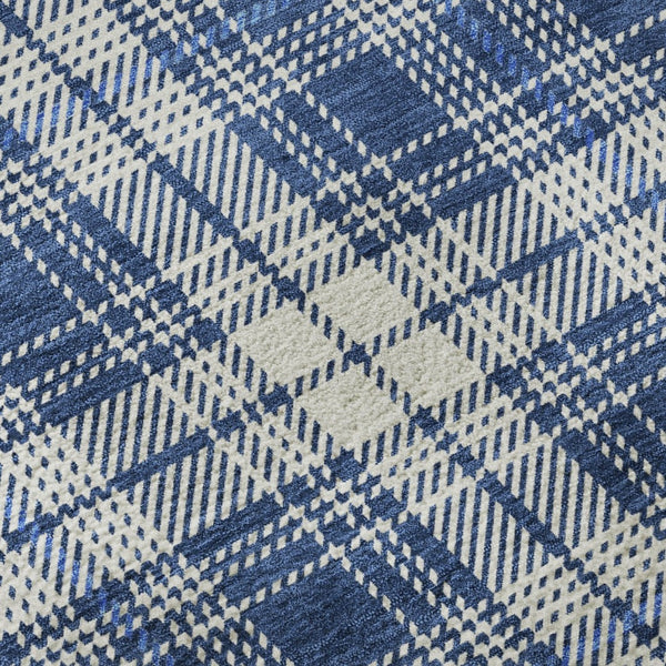HomeRoots 8' Navy Blue & Ivory Plaid Washable Round Rug with UV Protection for Easy Care & Style Boost 678248
