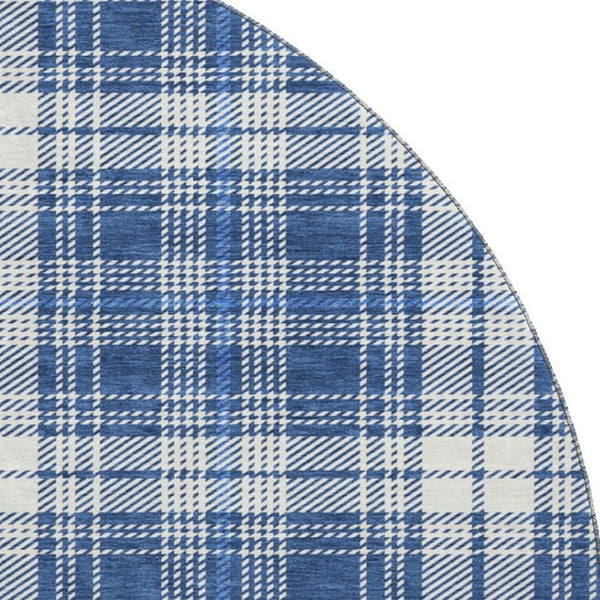 HomeRoots 8' Navy Blue & Ivory Plaid Washable Round Rug with UV Protection for Easy Care & Style Boost 678248