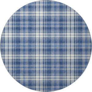 HomeRoots 8' Navy Blue & Ivory Plaid Washable Round Rug with UV Protection for Easy Care & Style Boost 678248