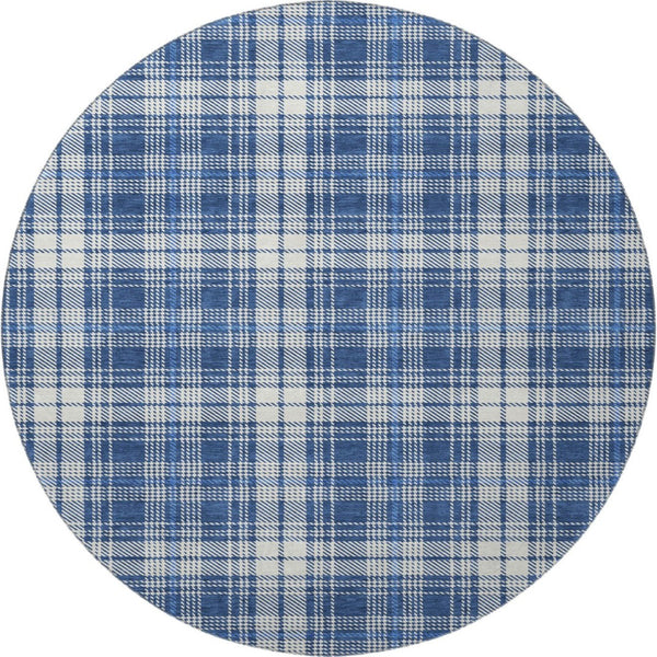 HomeRoots 8' Navy Blue & Ivory Plaid Washable Round Rug with UV Protection for Easy Care & Style Boost 678248