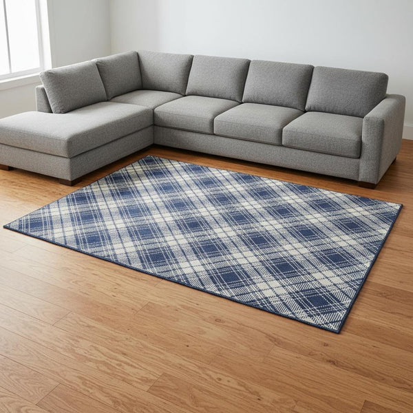 HomeRoots 8' X 10' Navy Blue & Ivory Plaid Washable Area Rug - UV Protected, Stain Resistant, Durable Design 678249