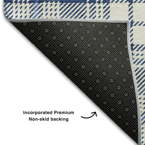 HomeRoots 8' X 10' Navy Blue & Ivory Plaid Washable Area Rug - UV Protected, Stain Resistant, Durable Design 678249
