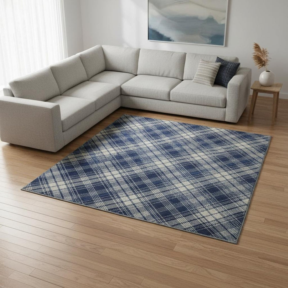 HomeRoots 9' X 12' Navy Blue & Ivory Plaid Area Rug - Washable, UV Protected, Durable for High-Traffic Spaces 678250