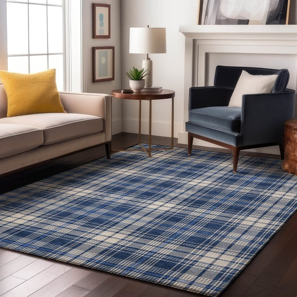 HomeRoots 9' X 12' Navy Blue & Ivory Plaid Area Rug - Washable, UV Protected, Durable for High-Traffic Spaces 678250