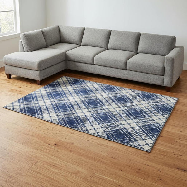 HomeRoots 10' X 14' Navy Blue & Ivory Plaid Washable Area Rug - UV Protected, Stain Resistant for Busy Homes 678251