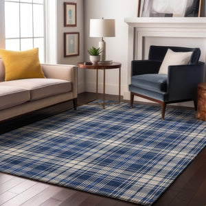 HomeRoots 10' X 14' Navy Blue & Ivory Plaid Washable Area Rug - UV Protected, Stain Resistant for Busy Homes 678251