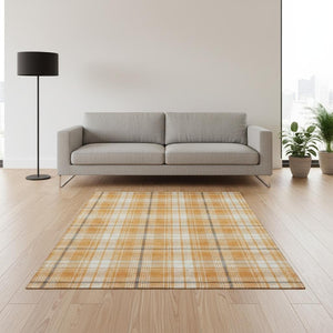 HomeRoots 5' X 8' Washable Plaid Area Rug in Orange, Ivory & Navy Blue - UV Protected, Stain Resistant Design 678253