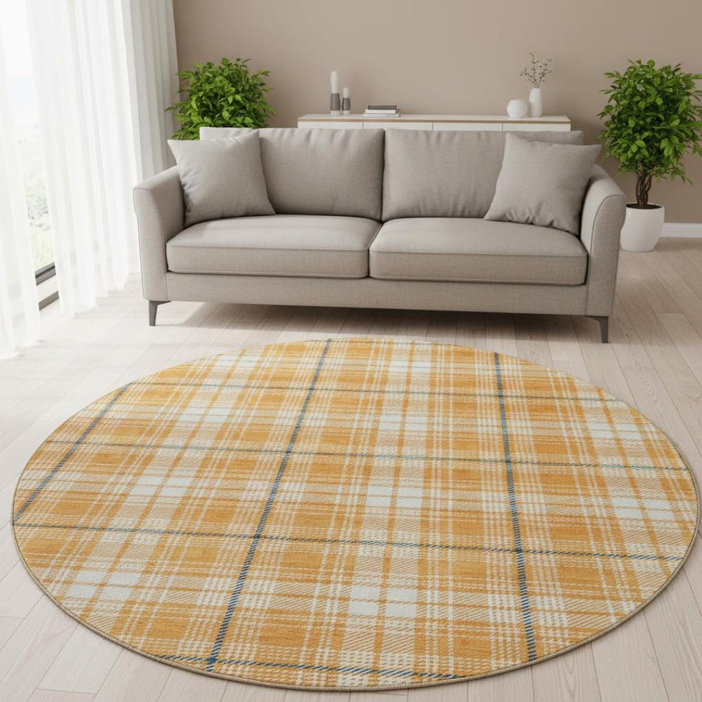 HomeRoots 8' Washable Round Rug in Orange, Ivory & Navy Plaid - Durable, UV-Protected, Perfect for Homes! 678254
