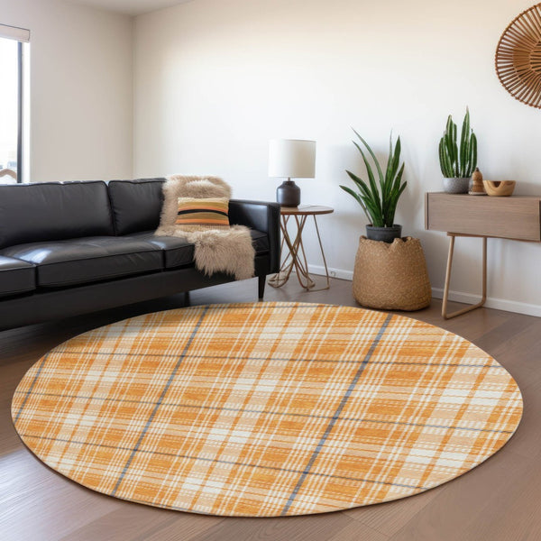 HomeRoots 8' Washable Round Rug in Orange, Ivory & Navy Plaid - Durable, UV-Protected, Perfect for Homes! 678254