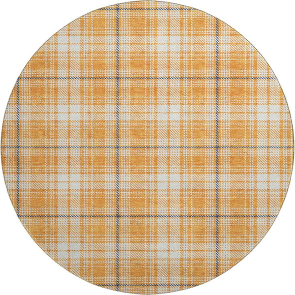 HomeRoots 8' Washable Round Rug in Orange, Ivory & Navy Plaid - Durable, UV-Protected, Perfect for Homes! 678254