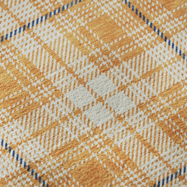 HomeRoots 8' Washable Round Rug in Orange, Ivory & Navy Plaid - Durable, UV-Protected, Perfect for Homes! 678254