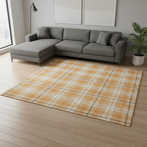 HomeRoots 8' X 10' Washable Plaid Area Rug in Orange, Ivory & Navy Blue with UV Protection for Family Spaces 678255