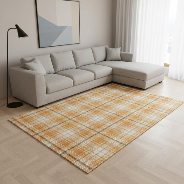 HomeRoots 9' X 12' Orange Ivory Navy Blue Plaid Area Rug – Durable, Washable, UV-Protected for Stylish Spaces 678256