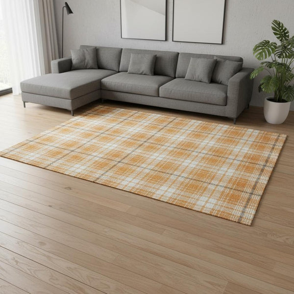 HomeRoots 10' Washable Plaid Area Rug in Orange, Ivory & Navy Blue - UV Protected, Stain Resistant & Durable 678257