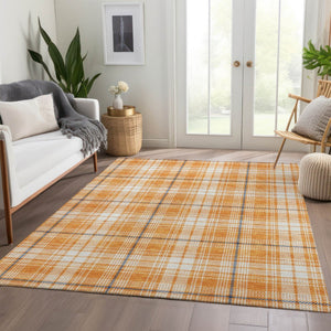 HomeRoots 10' Washable Plaid Area Rug in Orange, Ivory & Navy Blue - UV Protected, Stain Resistant & Durable 678257
