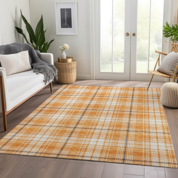 HomeRoots 10' Washable Plaid Area Rug in Orange, Ivory & Navy Blue - UV Protected, Stain Resistant & Durable 678257