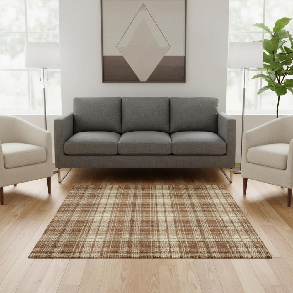 HomeRoots 5' X 8' Rust Beige Brown Plaid Area Rug - Washable, UV Protected, Durable for Active Homes & Kids 678259