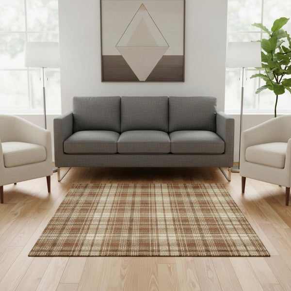 HomeRoots 5' X 8' Rust Beige Brown Plaid Area Rug - Washable, UV Protected, Durable for Active Homes & Kids 678259