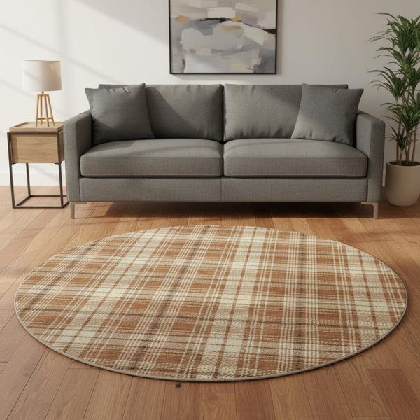 HomeRoots 8' Rust Beige and Brown Plaid Round Rug - Durable, Stain-Resistant, UV Protected for Busy Homes 678260