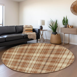 HomeRoots 8' Rust Beige and Brown Plaid Round Rug - Durable, Stain-Resistant, UV Protected for Busy Homes 678260