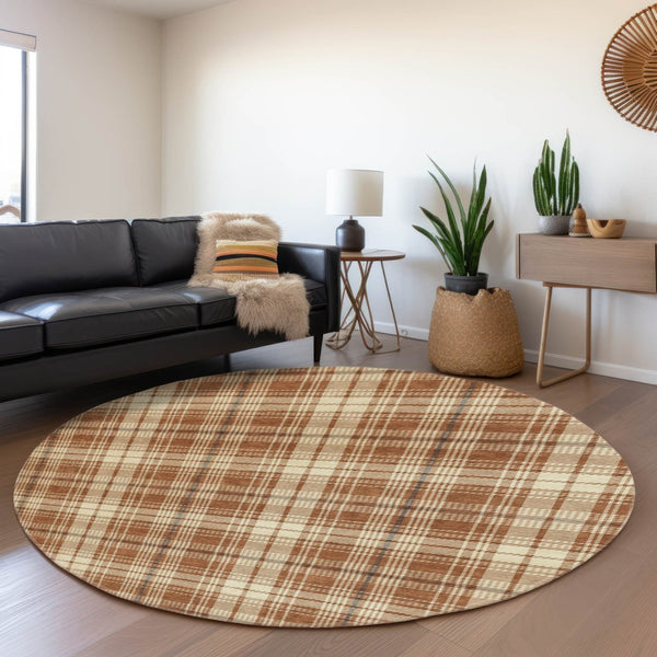 HomeRoots 8' Rust Beige and Brown Plaid Round Rug - Durable, Stain-Resistant, UV Protected for Busy Homes 678260
