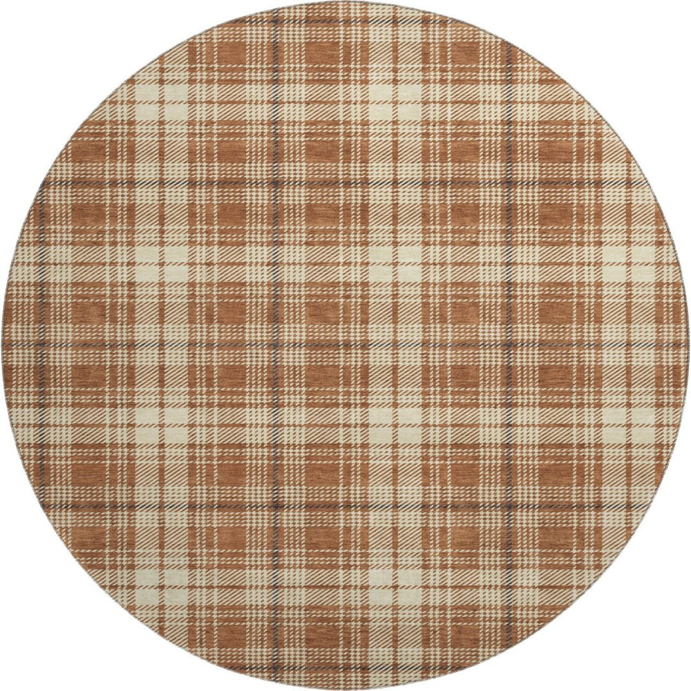 HomeRoots 8' Rust Beige and Brown Plaid Round Rug - Durable, Stain-Resistant, UV Protected for Busy Homes 678260