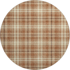 HomeRoots 8' Rust Beige and Brown Plaid Round Rug - Durable, Stain-Resistant, UV Protected for Busy Homes 678260