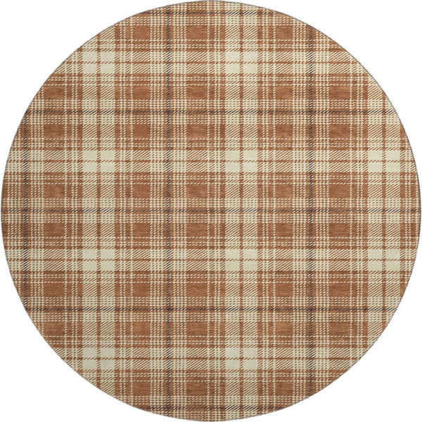 HomeRoots 8' Rust Beige and Brown Plaid Round Rug - Durable, Stain-Resistant, UV Protected for Busy Homes 678260