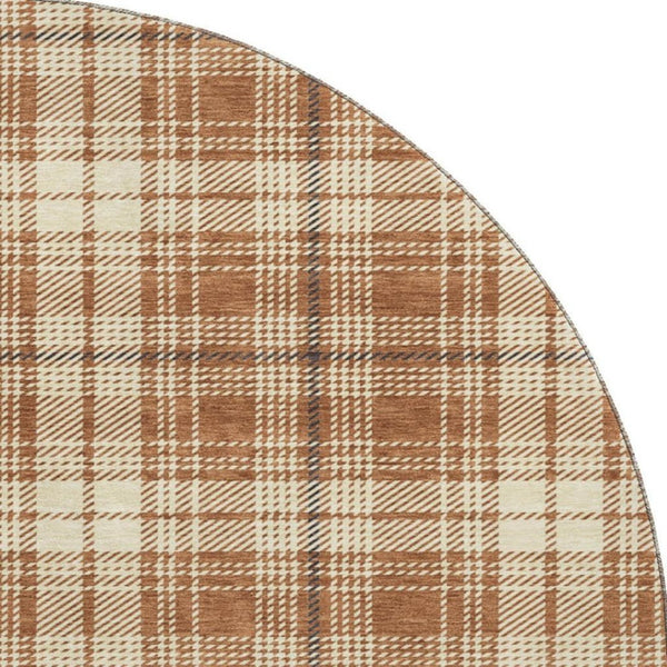 HomeRoots 8' Rust Beige and Brown Plaid Round Rug - Durable, Stain-Resistant, UV Protected for Busy Homes 678260