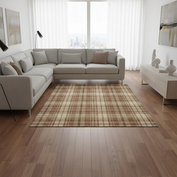 HomeRoots 9' X 12' Cozy Rust Beige & Brown Plaid Area Rug - Durable, Washable, UV Protected for Busy Homes 678262