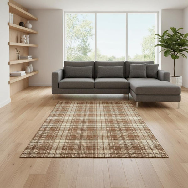 HomeRoots 10' X 14' Durable Rust Beige Brown Plaid Area Rug – Washable, UV Protected for Stylish Living Spaces 678263