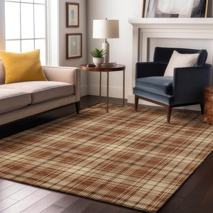 HomeRoots 10' X 14' Durable Rust Beige Brown Plaid Area Rug – Washable, UV Protected for Stylish Living Spaces 678263