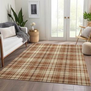 HomeRoots 10' X 14' Durable Rust Beige Brown Plaid Area Rug – Washable, UV Protected for Stylish Living Spaces 678263