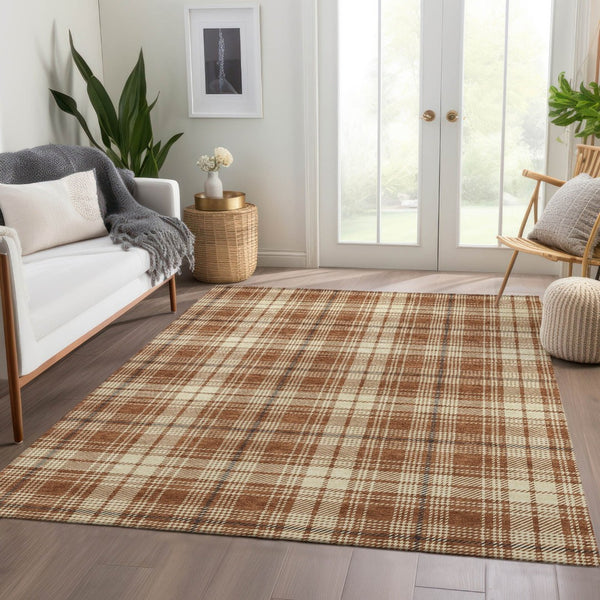 HomeRoots 10' X 14' Durable Rust Beige Brown Plaid Area Rug – Washable, UV Protected for Stylish Living Spaces 678263