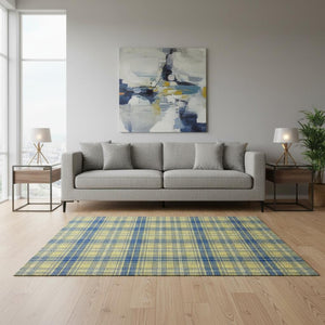 HomeRoots 5' X 8' Washable Yellow Ivory Blue Plaid Area Rug - Durable, Stain Resistant, UV Protected Design 678265