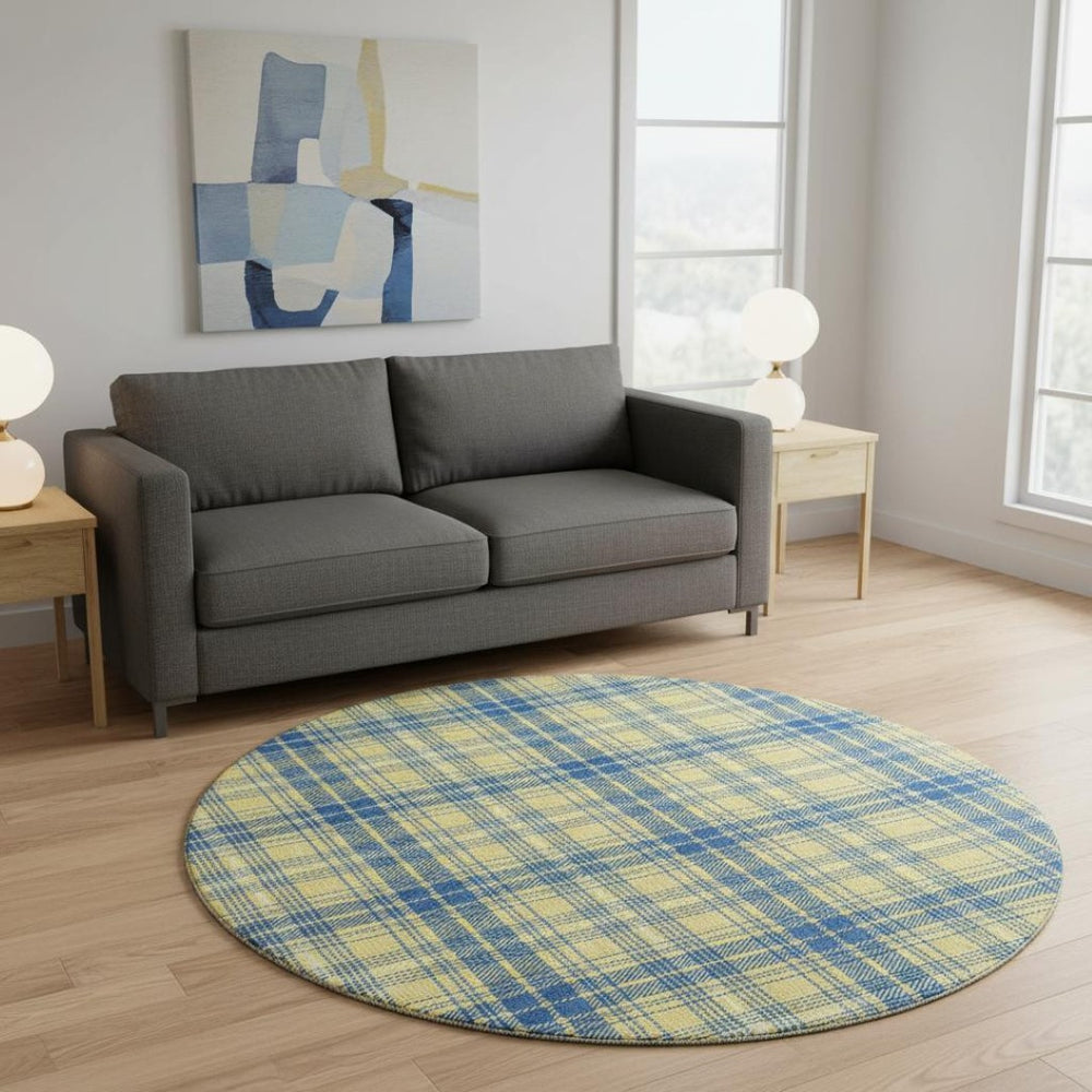 HomeRoots 8' Yellow Ivory and Blue Plaid Washable Round Rug with UV Protection for Stylish Indoor & Outdoor Spaces 678266
