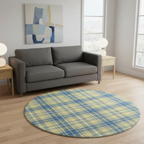 HomeRoots 8' Yellow Ivory and Blue Plaid Washable Round Rug with UV Protection for Stylish Indoor & Outdoor Spaces 678266