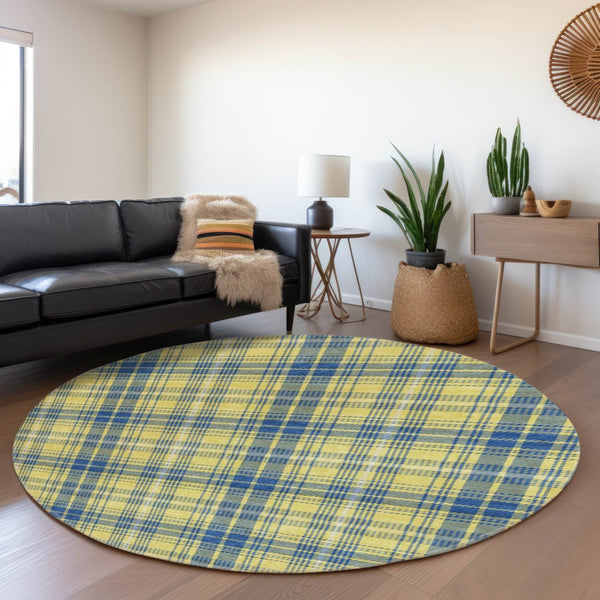 HomeRoots 8' Yellow Ivory and Blue Plaid Washable Round Rug with UV Protection for Stylish Indoor & Outdoor Spaces 678266