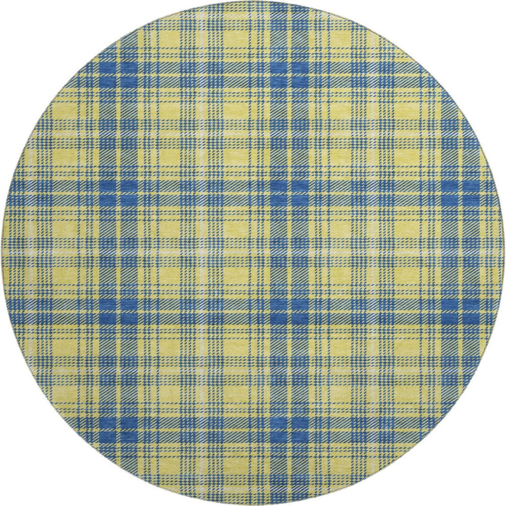 HomeRoots 8' Yellow Ivory and Blue Plaid Washable Round Rug with UV Protection for Stylish Indoor & Outdoor Spaces 678266