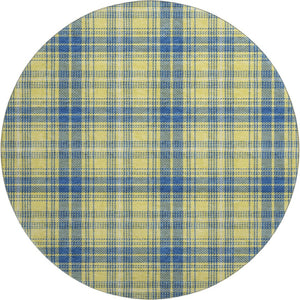 HomeRoots 8' Yellow Ivory and Blue Plaid Washable Round Rug with UV Protection for Stylish Indoor & Outdoor Spaces 678266