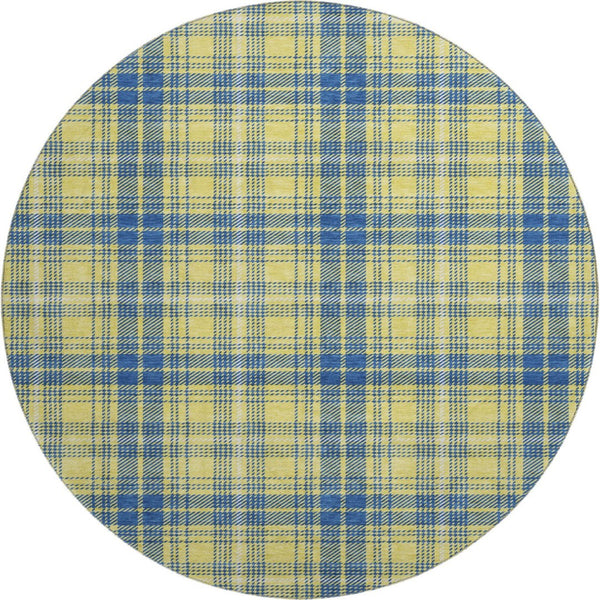 HomeRoots 8' Yellow Ivory and Blue Plaid Washable Round Rug with UV Protection for Stylish Indoor & Outdoor Spaces 678266