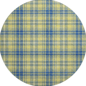 HomeRoots 8' Yellow Ivory and Blue Plaid Washable Round Rug with UV Protection for Stylish Indoor & Outdoor Spaces 678266