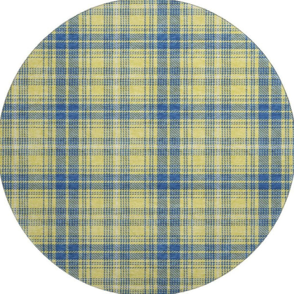 HomeRoots 8' Yellow Ivory and Blue Plaid Washable Round Rug with UV Protection for Stylish Indoor & Outdoor Spaces 678266