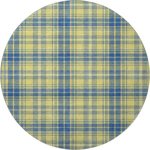 HomeRoots 8' Yellow Ivory and Blue Plaid Washable Round Rug with UV Protection for Stylish Indoor & Outdoor Spaces 678266