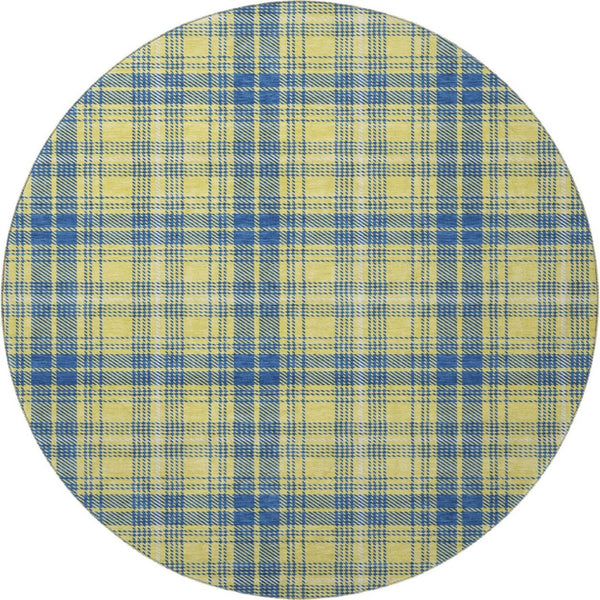 HomeRoots 8' Yellow Ivory and Blue Plaid Washable Round Rug with UV Protection for Stylish Indoor & Outdoor Spaces 678266