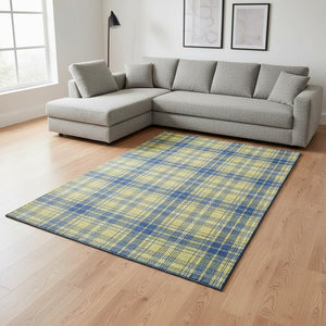 HomeRoots 8' X 10' Plaid Area Rug in Yellow, Ivory & Blue – Washable, UV-Protected, Perfect for Homes & Patios! 678267