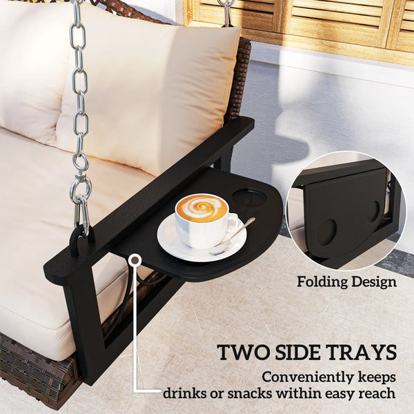 English Elm Porch Swing 3 Person Pe Wicker Outdoor Hanging Bench with Cushions and Cup Holders T3971P397408